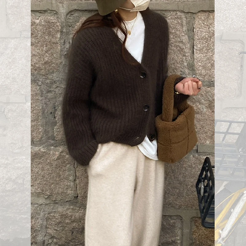 

Deeptown Vintage Brown Knitted Cardigan Women Korean Style Casual Long Sleeve Sweater Harajuku Autumn Winter Cardigan Aesthetics