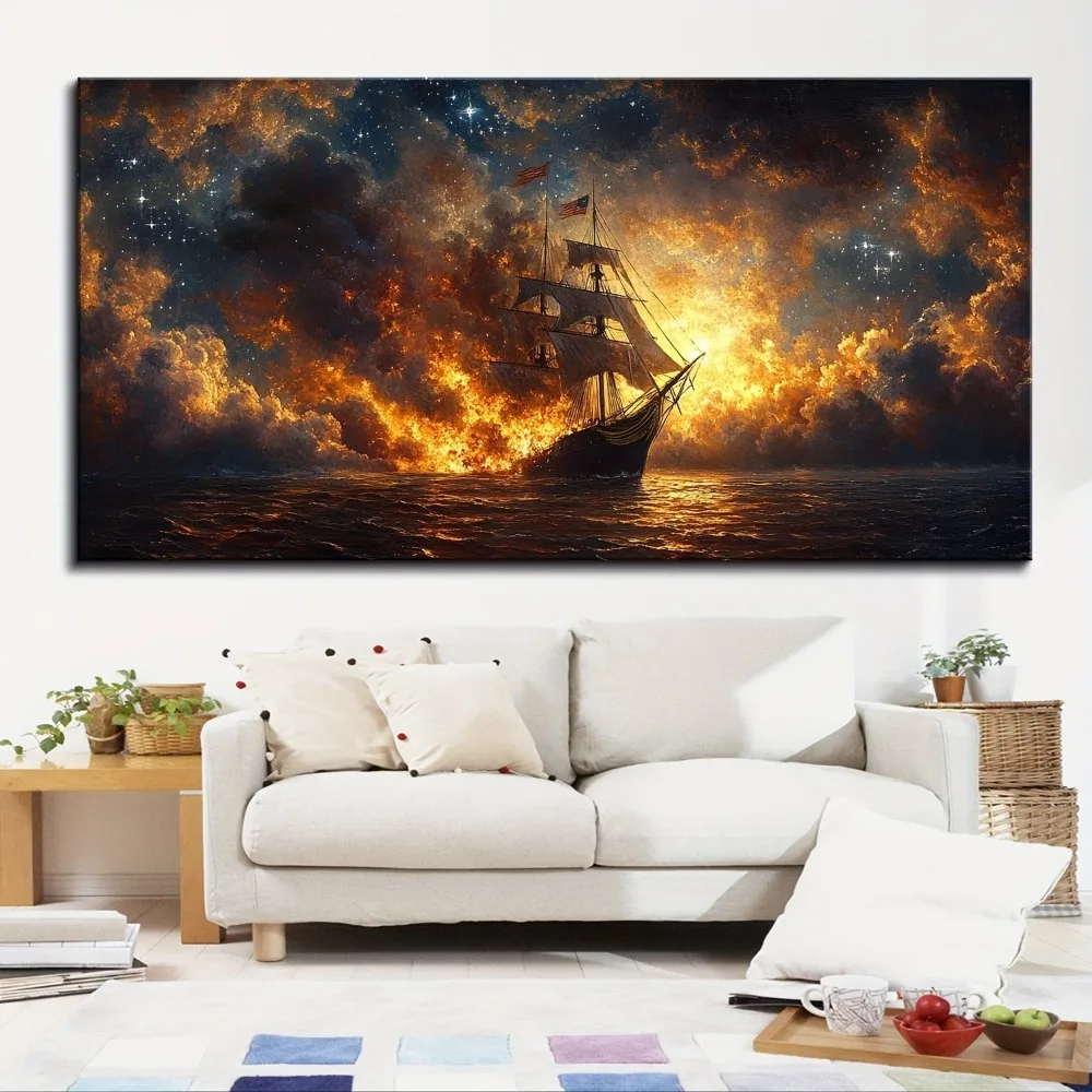 1.5 inch thick pine solid wood frame,battleship poster burning on calm sea,office wall decoration, home and dormitory decoration