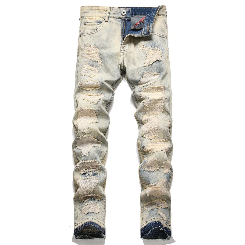 

Men's Ripped Hole Patch Jeans Retro Straight Loose Frayed Denim Pants Washed Mid Waist Trousers Male