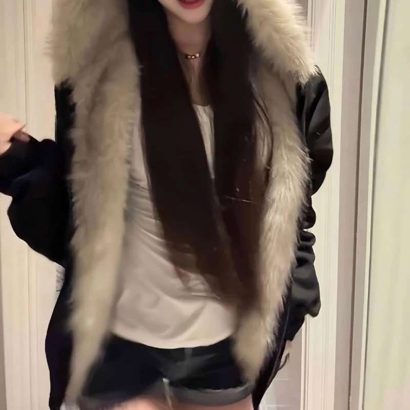 Black Fur Collar Padded Jacket Women's Autumn and Winter Thickened Couple Cotton Clothes and Cotton Clothes