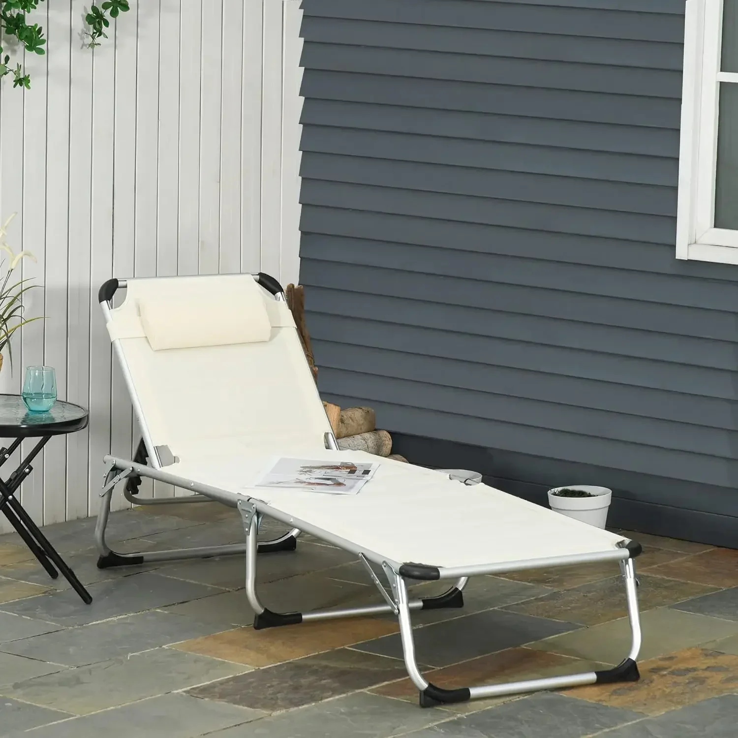 

Outdoor 5-Level Reclining Chaise Lounge Chair Outdoor Camping Tanning Chair With Aluminum Frame, Padding, And Headrest For