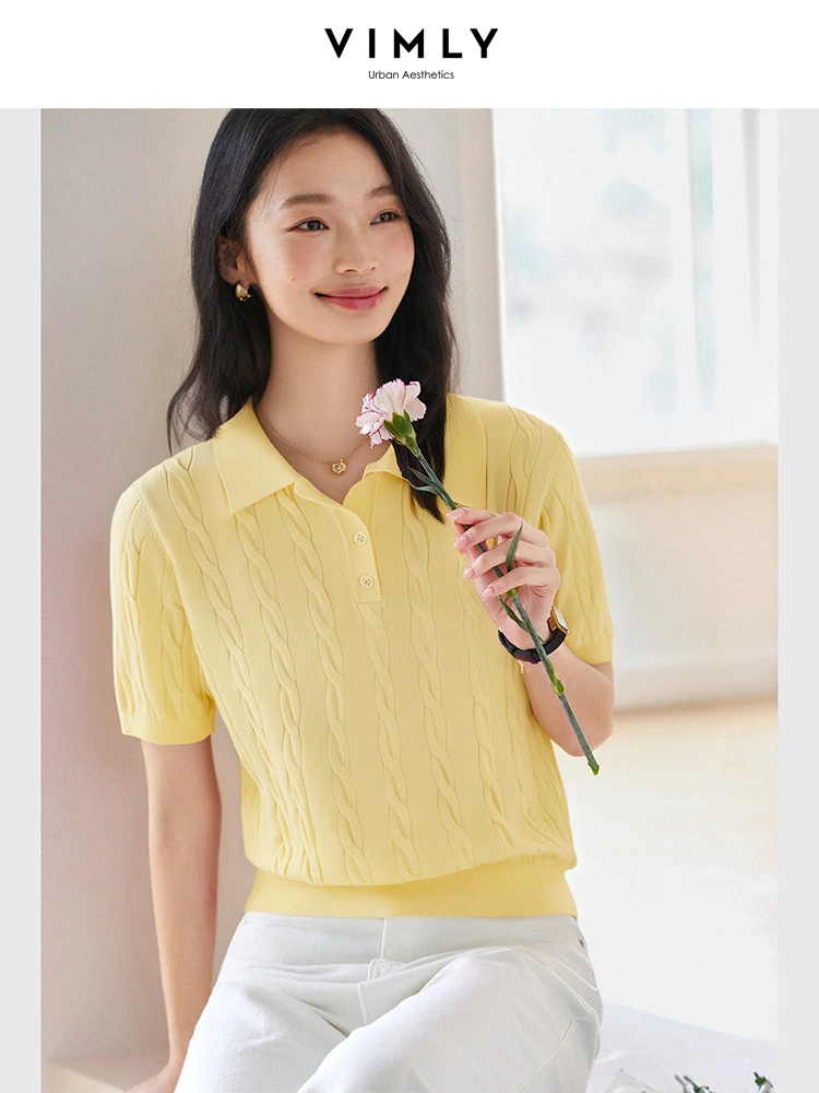 

VIMLY Women Short Sleeve Knit Tops 2025 Summer Cable Knitted Sweaters Pullover Jumpers Ladies Knitwear Polo Tee Shirt 2025 75009