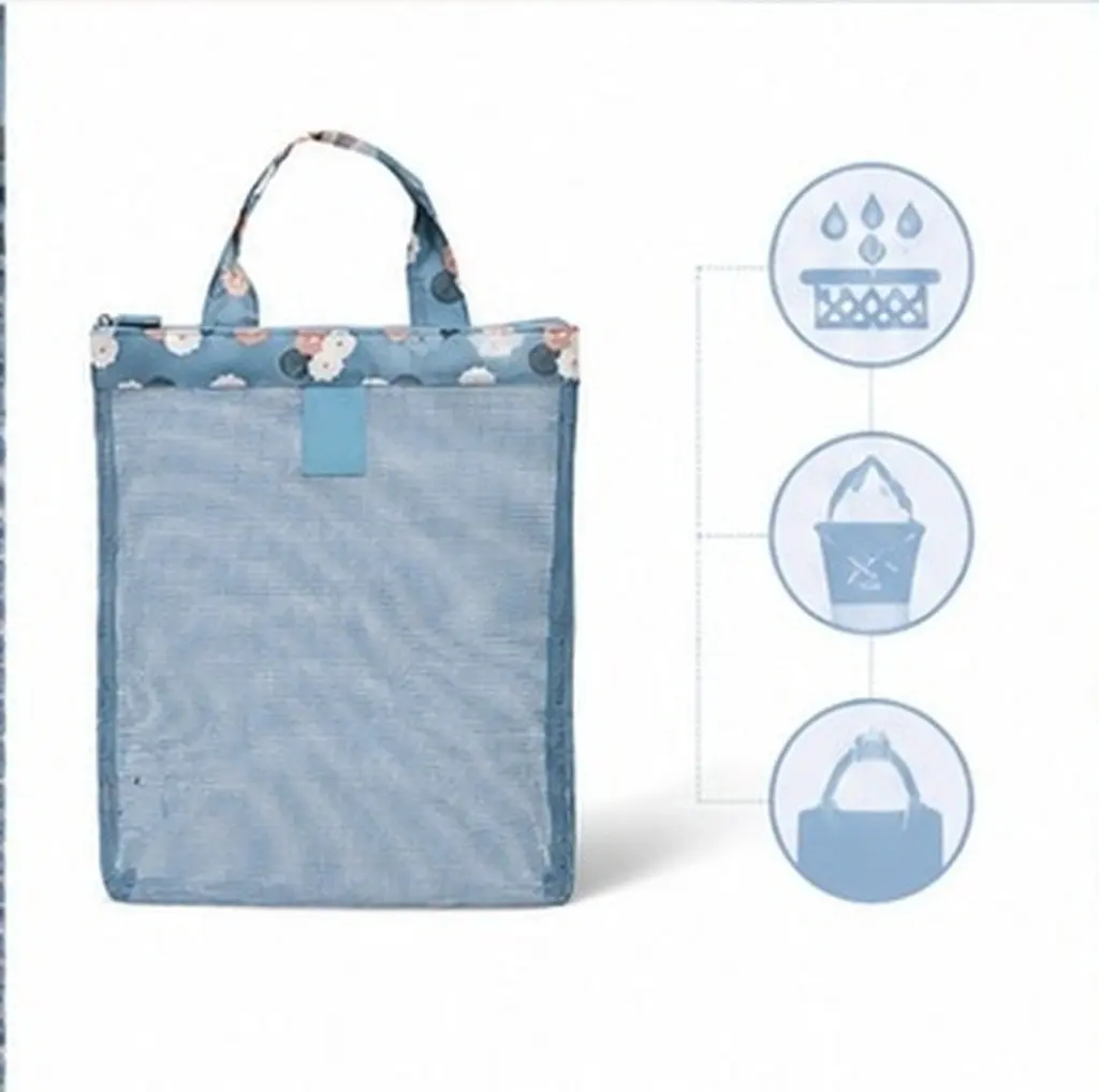 Heavy Duty Mesh Tote Bag for Beach Pool Boating Sand Drainage Storage Easy Clean Family Outdoor Fun Shell Collection Blue Flower