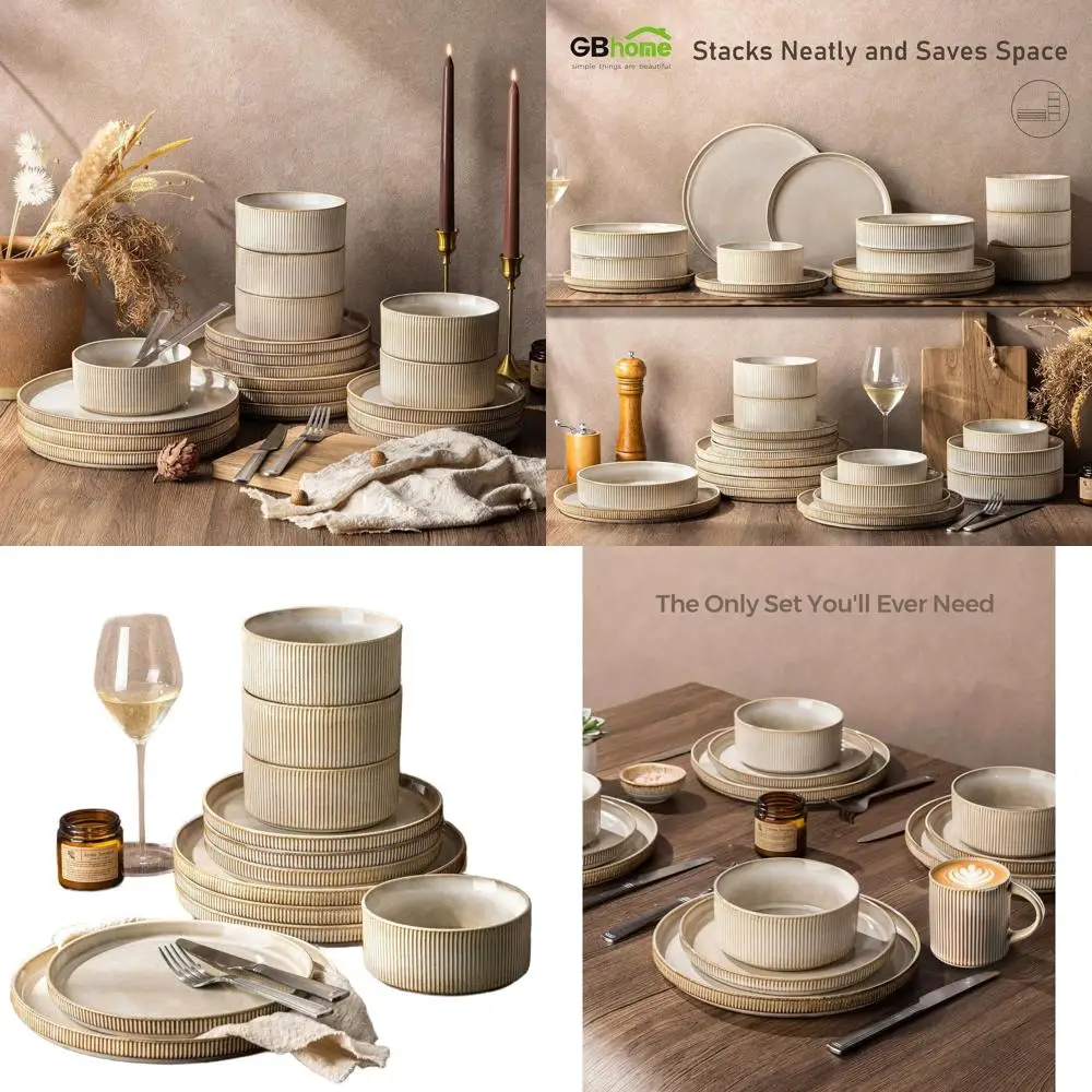 

4-Person Ribbed Stoneware Dinner Set: Cappuccino Reactive Glaze Plates & Bowls, Microwave & Dishwasher Safe