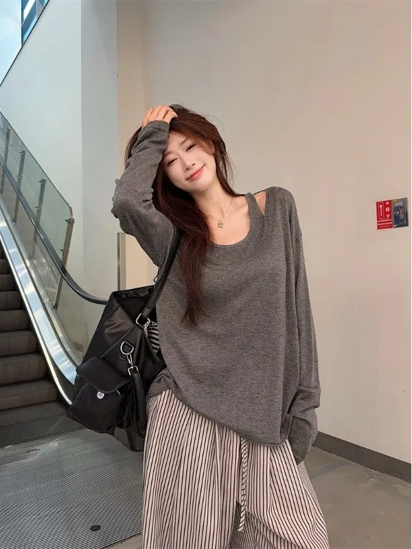 

plus Size Lazy Style Two-Piece Knitted Crop Top And Long Sleeve Cover up Casual Wear for Early Autumn Women's Fashion