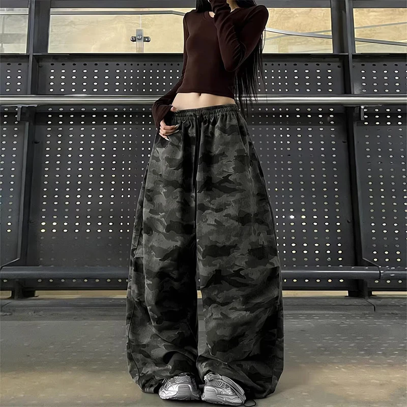 High Waist Camouflage Work Pants Women's Hot Girl Design Loose Jeans Straight Leg Long Trousers Casual Fashion plus Size