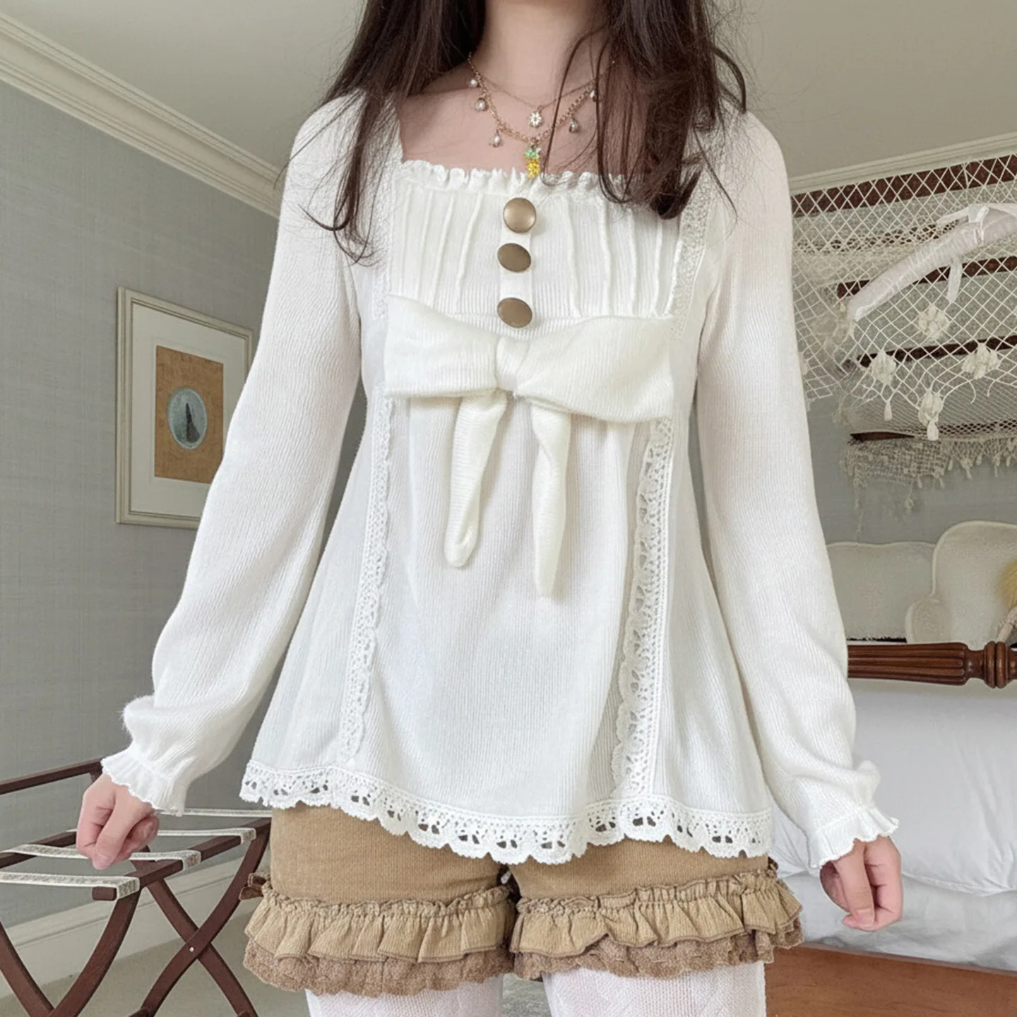 Y2K Fairy Grunge Sweater Aesthetic Button Cute Bow Babydoll Knitted Square Neck Pullovers Tops Autumn Cottage Tunic Knitwear