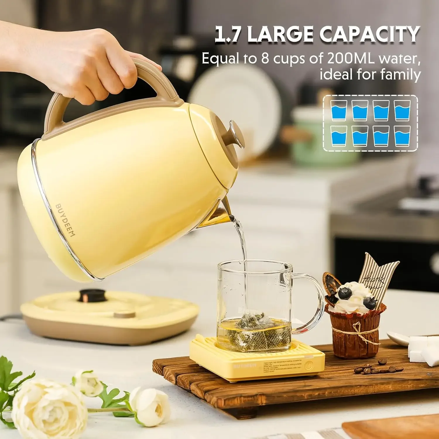 Kettle with Temperature Control, 12H Keep Warm, Quick Boil, Stainless Steel Hot Water Boiler for Tea Coffee Milk, 1.7L, Mellow Y