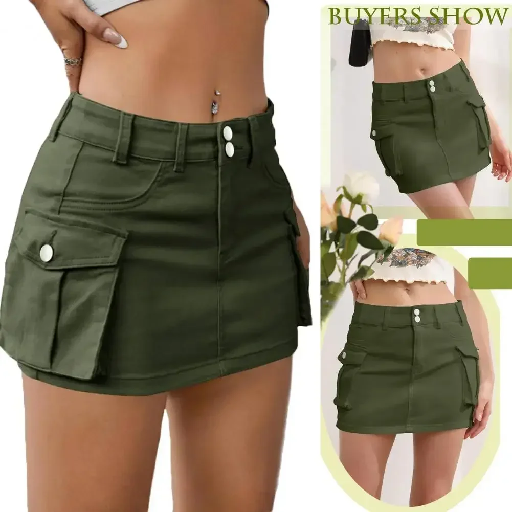 Pockets Jeans Skirts Women Cargo Jeans Skirt with Button Fly  Low Waist Mini Skirt for Streetwear