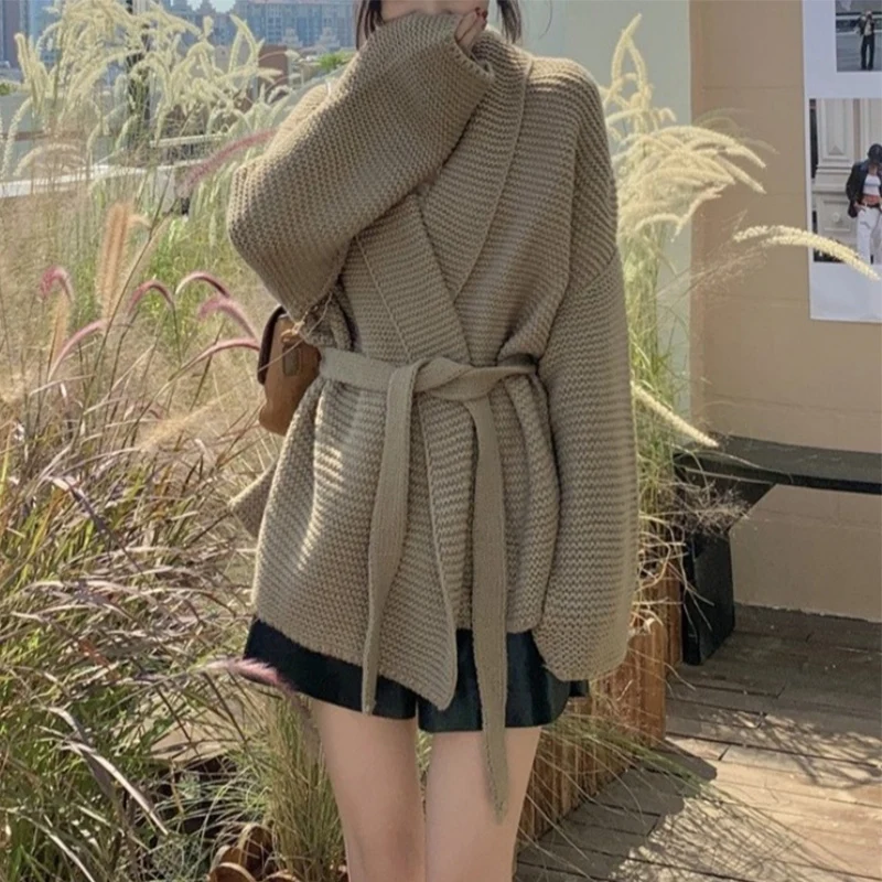 

Y2K Fashion Mid-Length Cardigan Coat Women French Lace-Up Loose Knitted Coats Autumn Winter Chic Elegant V-Neck Sweater Cardigan