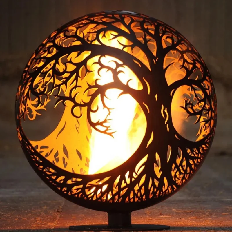 

Metal Propane Fire Sphere Tree Of Life Outdoor Spherical Garden Decorate Corten Steel Fire Pit Sphere for Garden Heating