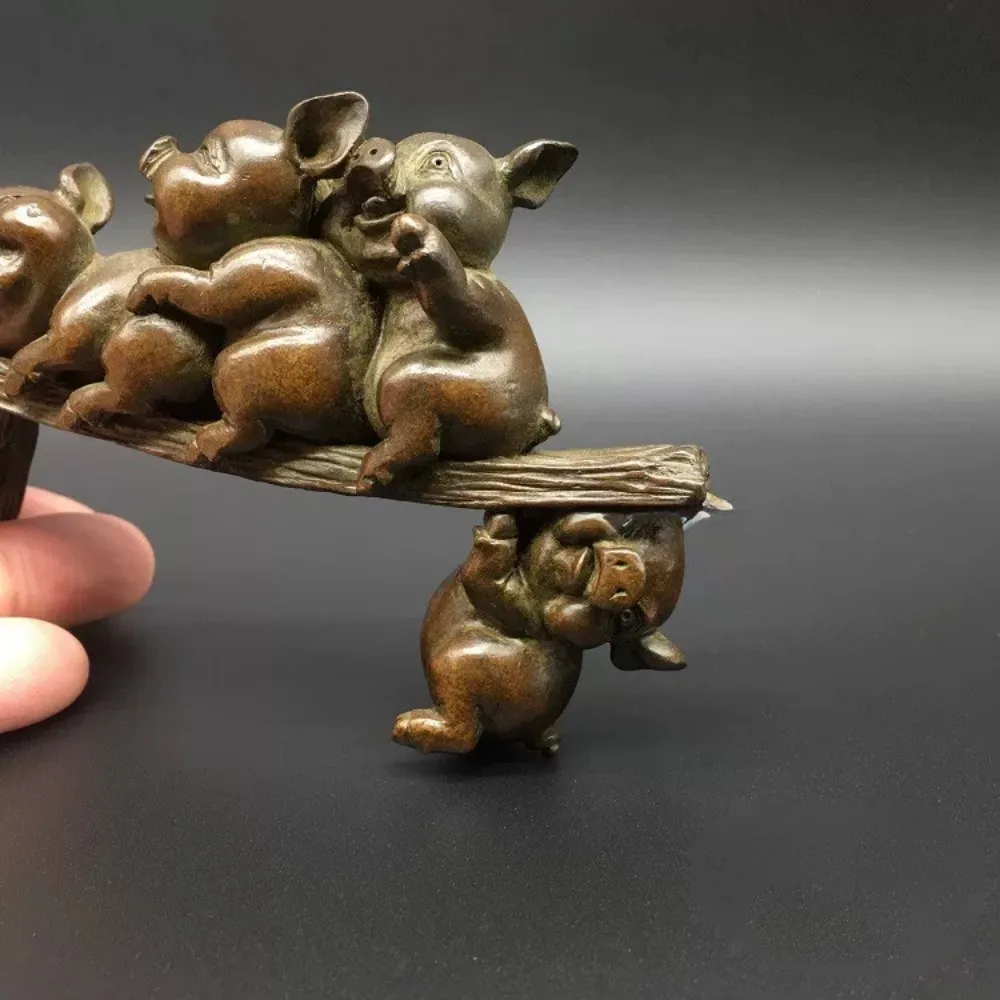 Solid Brass Three Little Pigs Sitting on Bench Tea Pet Cute Pig Figurines Home Desk Gift