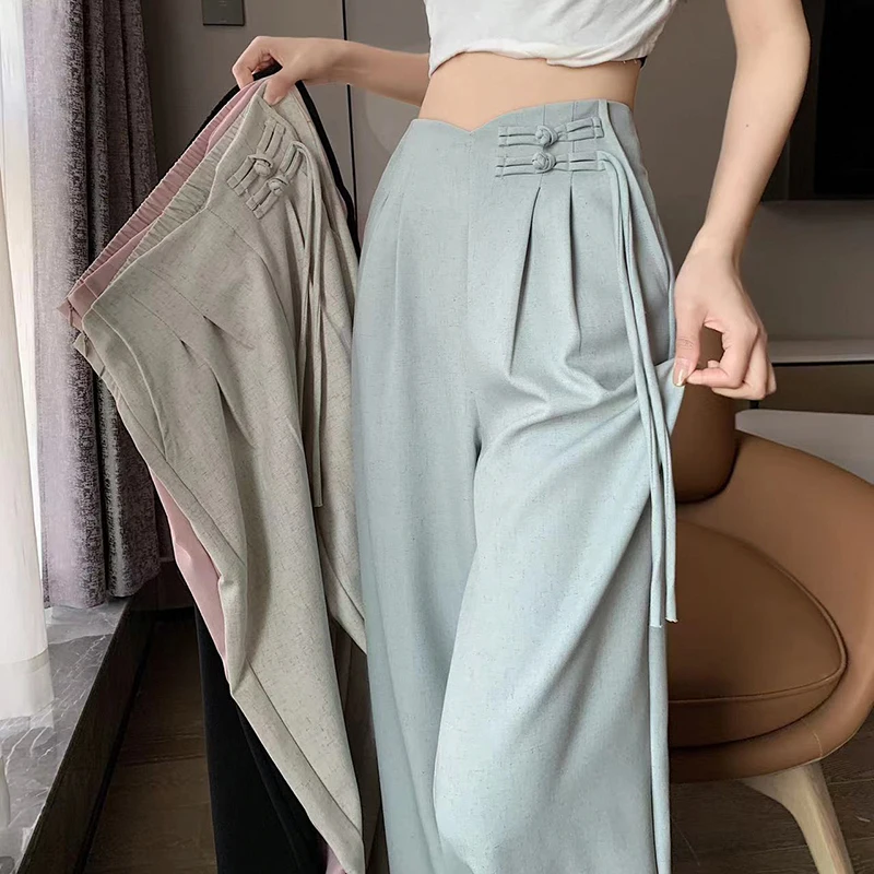 2024 New Linen High Waist Suit Wide Leg Women\'s Full Pants Spring Summer Female Elegant Minimalism Straight Loose Trousers