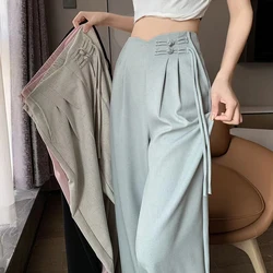 2024 New Linen High Waist Suit Wide Leg Women's Full Pants Spring Summer Female Elegant Minimalism Straight Loose Trousers