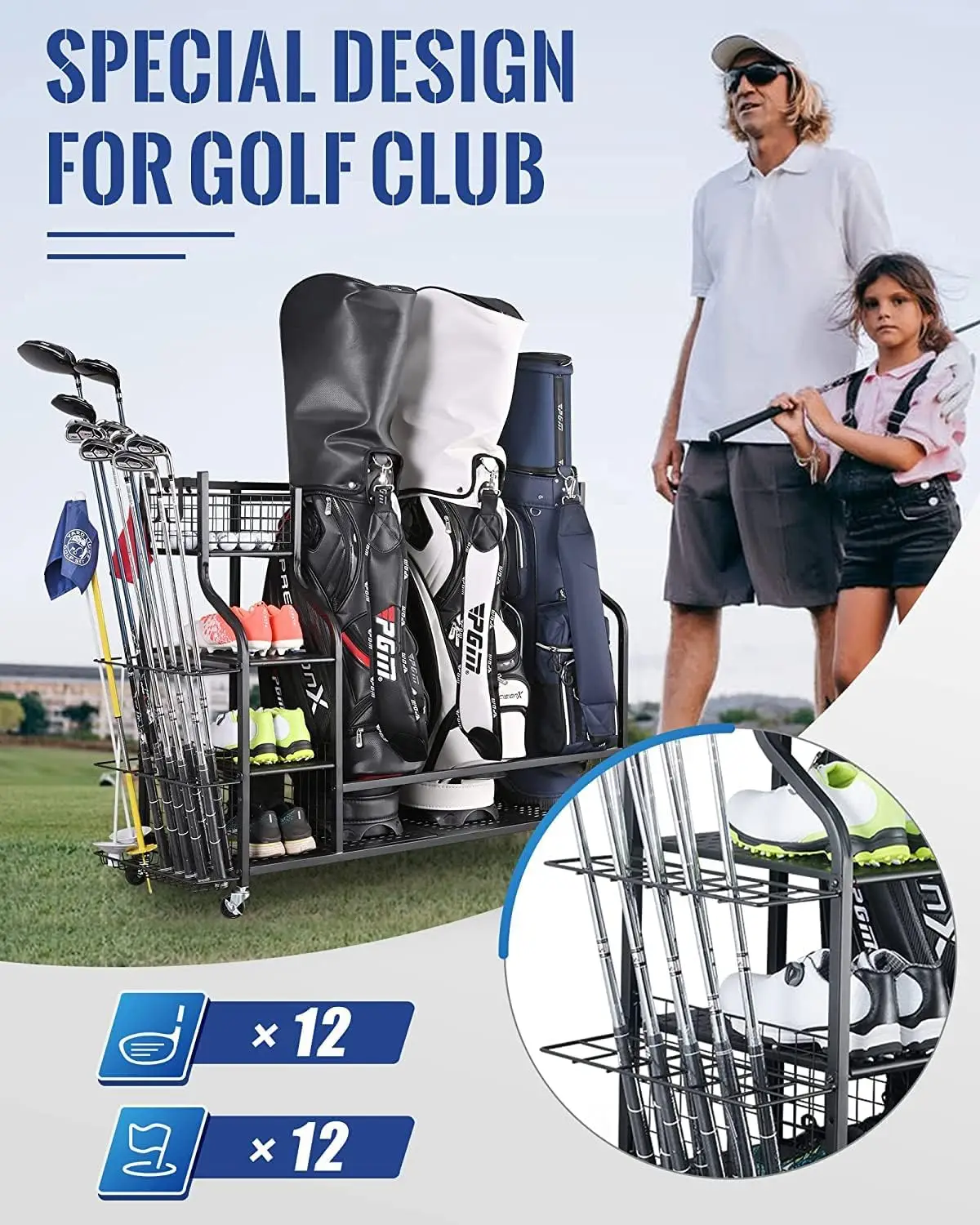 Golf Storage Garage Organizer, Golf Bag Storage Stand And Other Golfing Equipment Ra, Extra Storage Ra For Golf Clubs