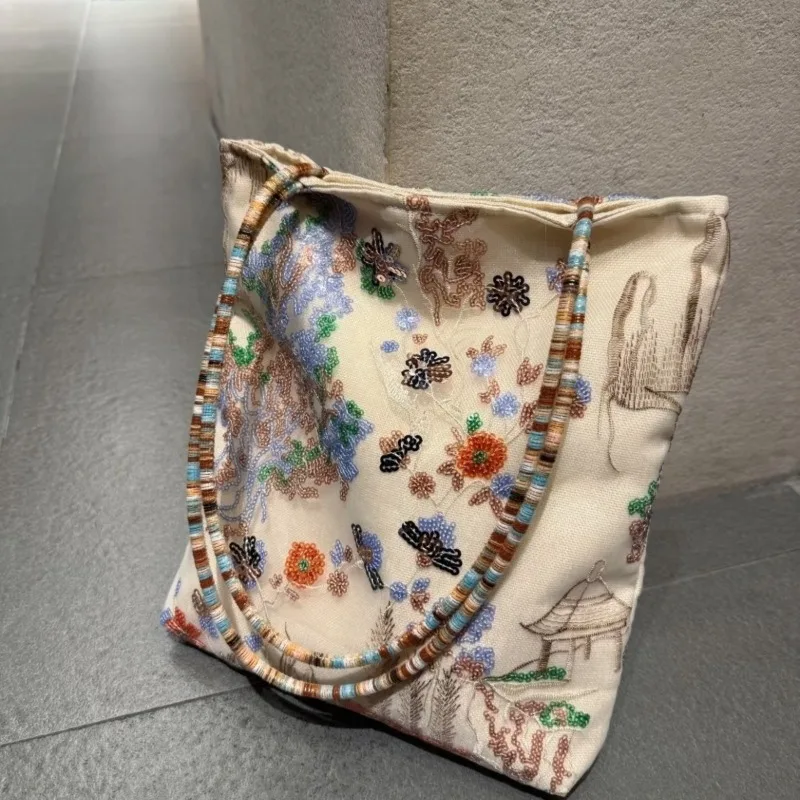 2026 New Chinese Style Embroidery Canvas Tote Bag Large Capacity Single Shoulder Commuter Handbag Shopping Bag for Women