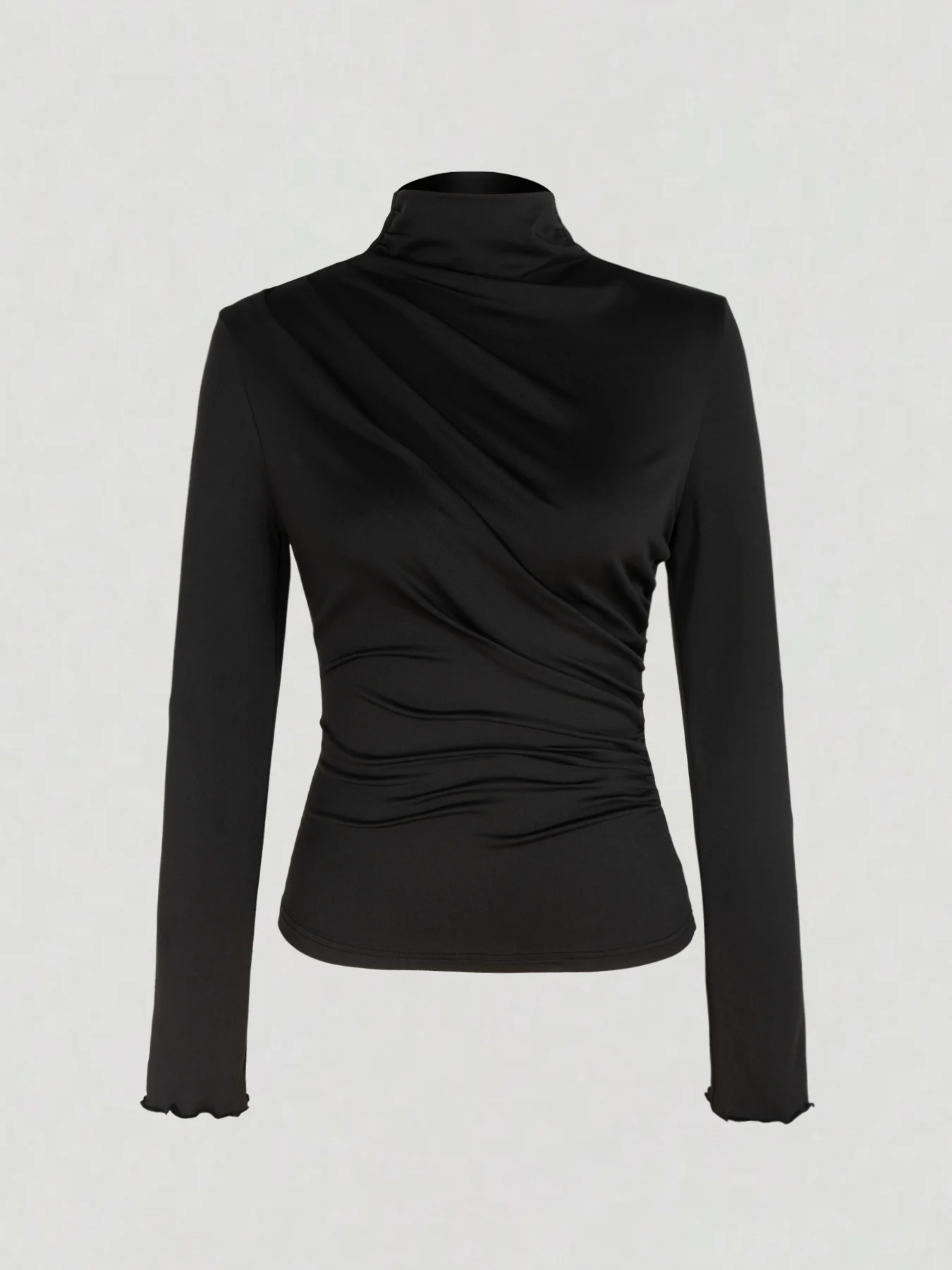 Herbst Damen Rollkragen Langarm-Oberteil Elegante Diagonal Geraffte Slim-Fit Bluse Einfarbiges Plissiertes Basic-Shirt Modisch Lässig – Detail 6