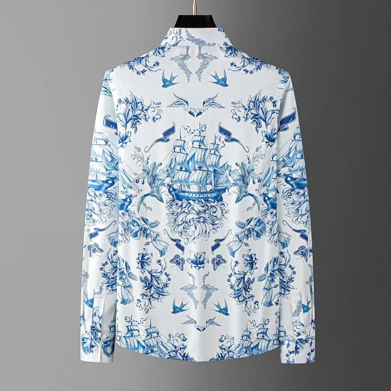 Luxury Printed Long Sleeved Shirt for Men Non Ironing Casual Business Social Shirt Male Slim Fit Social Party Tuxedo Blouse 2025