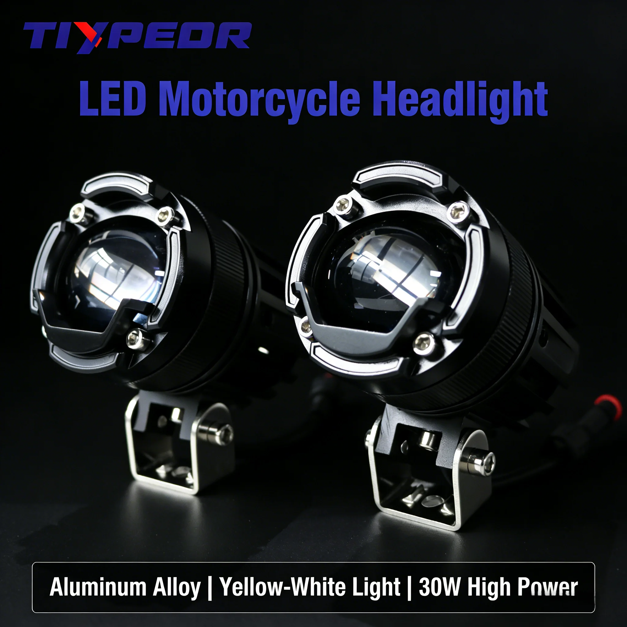 

TIYPEOR 30 Вт мотоциклетный светодиодный вспомогательный желтый и белый двухцветный противотуманный светильник для модификации велосипеда, алюминиевый светодиодный светильник