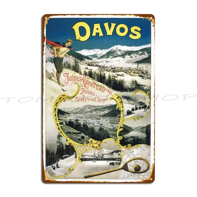 Winter In Davos Vintage Ice Skating Travel  Circa 1914 Metal Plaque Poster Wall Pub Cave Plates Club Print  Tin Sign Poster