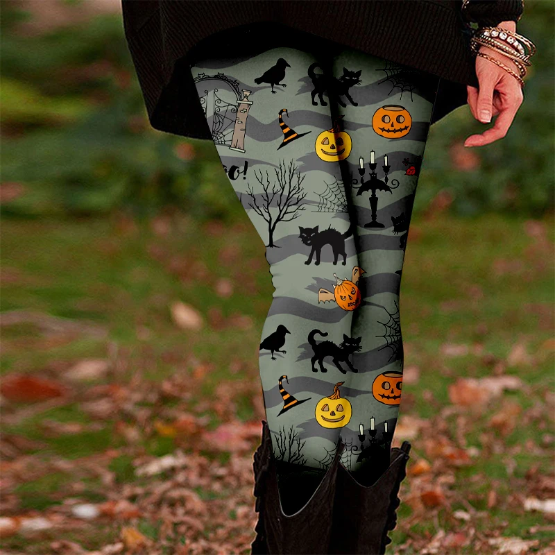 Leggings elastici per ragazze a tema Halloween - neri con disegno di zucca arancione e pipistrello, morbido poliestere, lavabili in lavatrice - perfetti