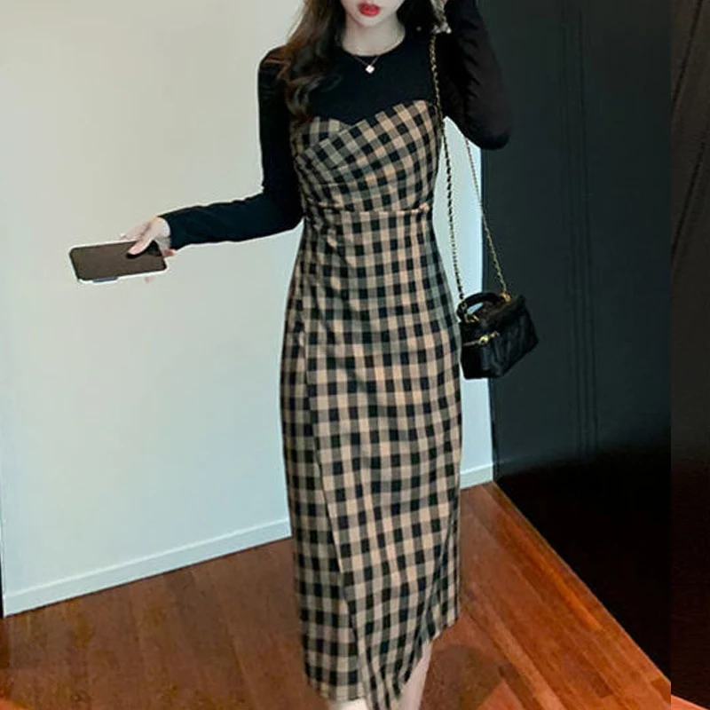 Spring Autumn Fashion Plaid Print Patchwork Ruched Slim Street Chic Midi Dress Women Casual O Neck Long Sleeve Sexy Slit Dresses