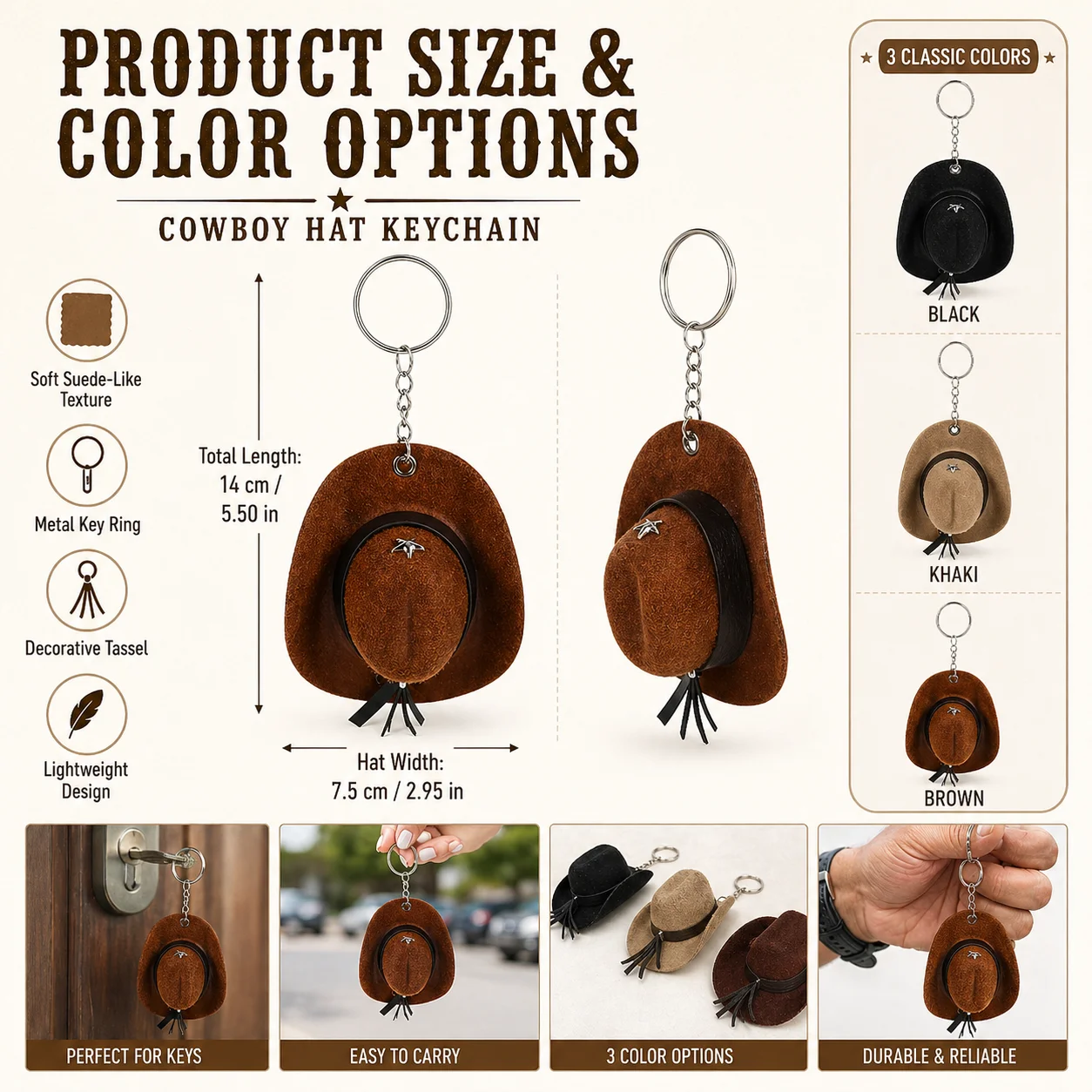 Mini Cowboy Hat Keychain - 3 Colors, Decorative Suede-like Design, Key Ring Accessory for Keys, Bags, Backpacks - Perfect Gift view 2