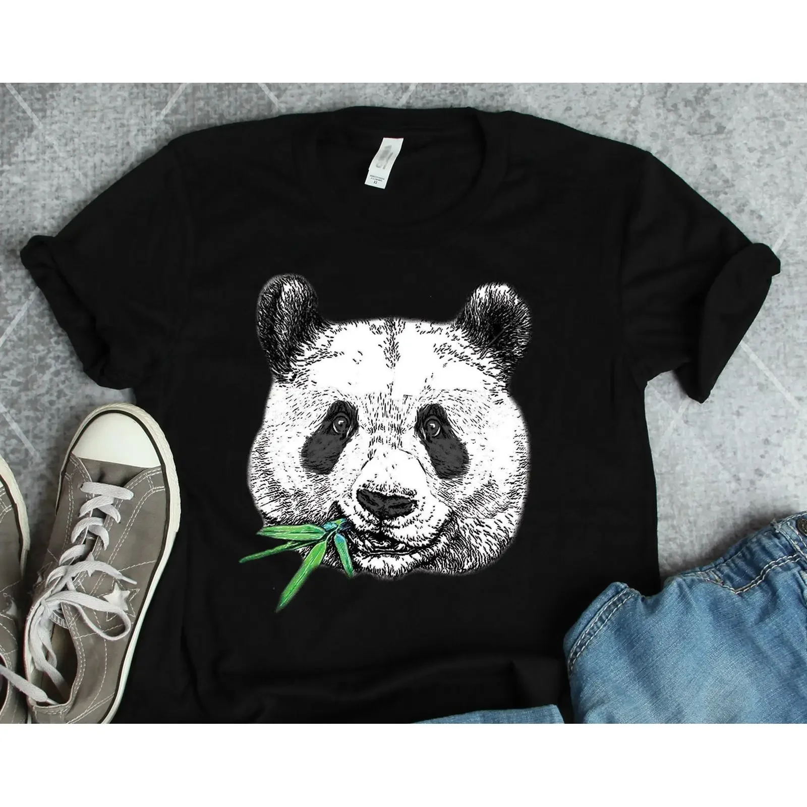 Panda Face Chewing Bamboo T Shirt s Art Bear Anima Lover vintage Washed Top For Everyday Wear Stylish Stretched Casual
