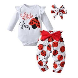 Cute Newborn Infant Girls Baby Clothes Set Cotton insect Pattern Romper Bodysuit Top and Pants Bow Headband Long Sleeve Outfit