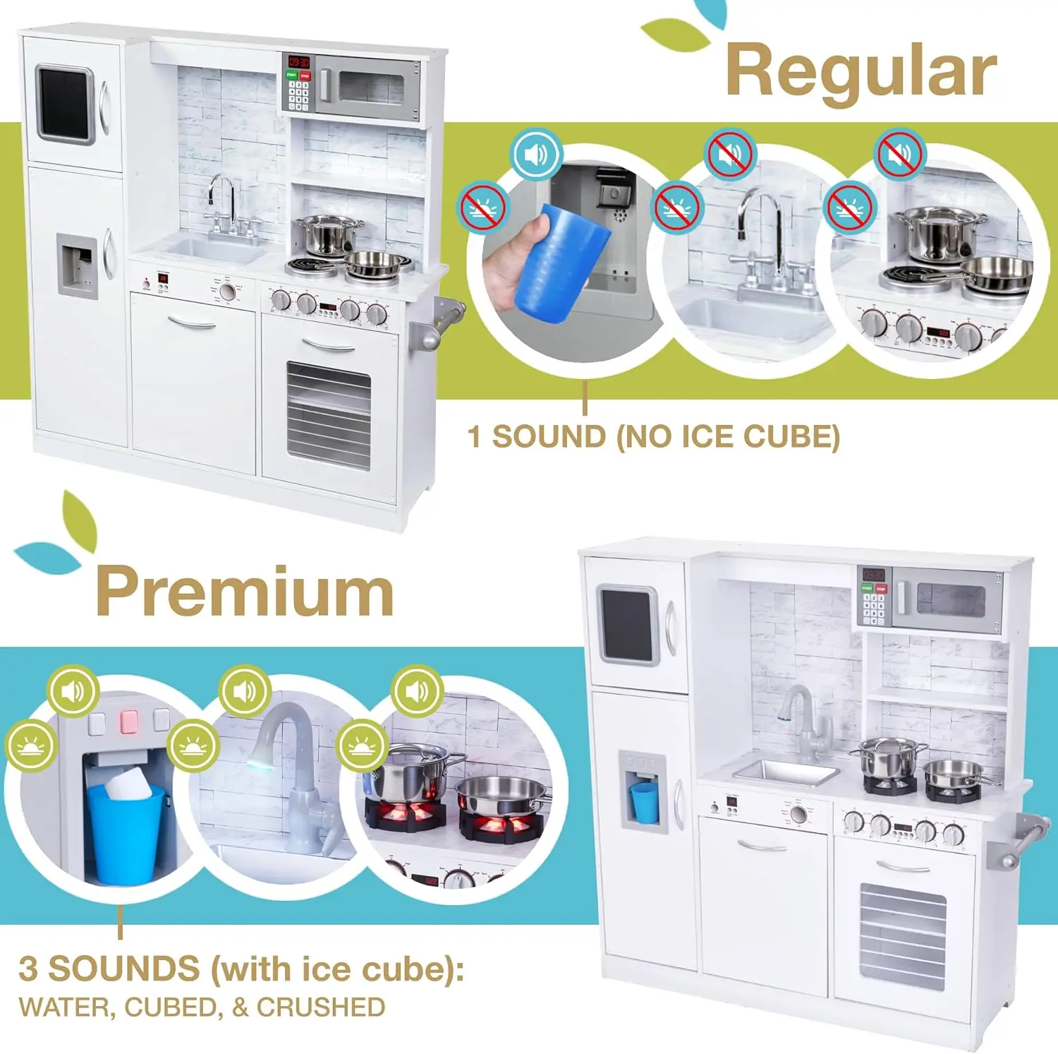 Kids Kitchen Set, Pretend Wooden Play Kitchen, Battery Operated Icemaker & Microwave with Realistic Sound, Pots & Pan Included -