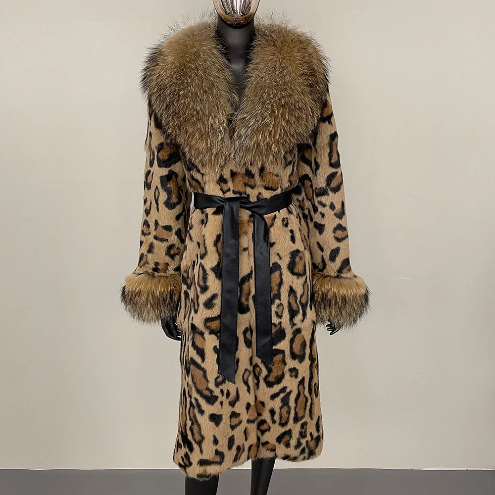 Fashionable Leopard Print Long Fox Collar Fur Jacket One-piece Thickened Warmth 2024 Autumn Winter Real Rabbit Fur Coat Women