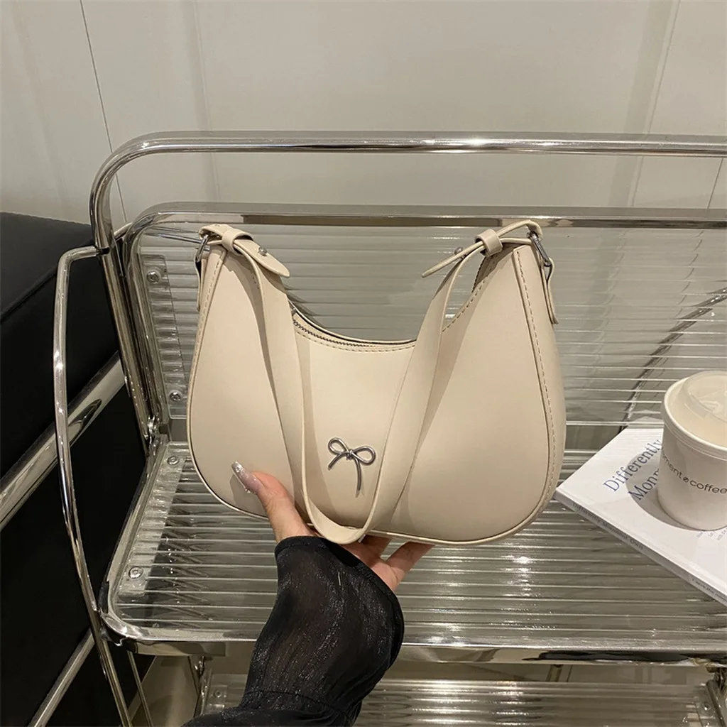 Crescent Shoulder Bag Trendy Women'S Pu Leather Crossbody Bag Bow Detail Handbag Pu Leather Multi-Way Underarm Bag For Various