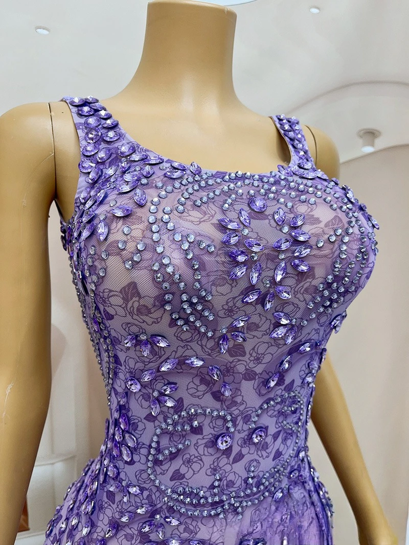 Fioletowa Sukienka na Szelkach z Siateczki z Cyrkoniami, Prześwitująca, z Drapowaniem, Modelka Dorosła, Sukienka na Wybieg, Modna Sukienka, Sukienki na Spotkanie Roczne, Wieczorowe, Ślubne