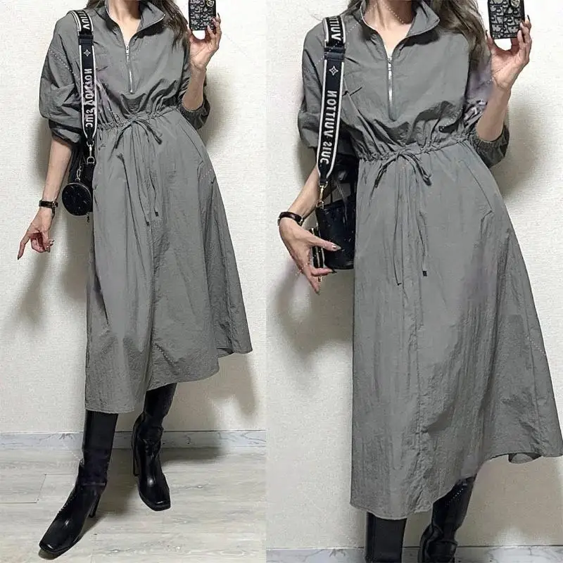 

Women Drawstring Dresses H Line Dress Mid Calf Lenth Turtle Neck Long Sleeves Vestidos Office Lady Casual Elegant 2026 Spring