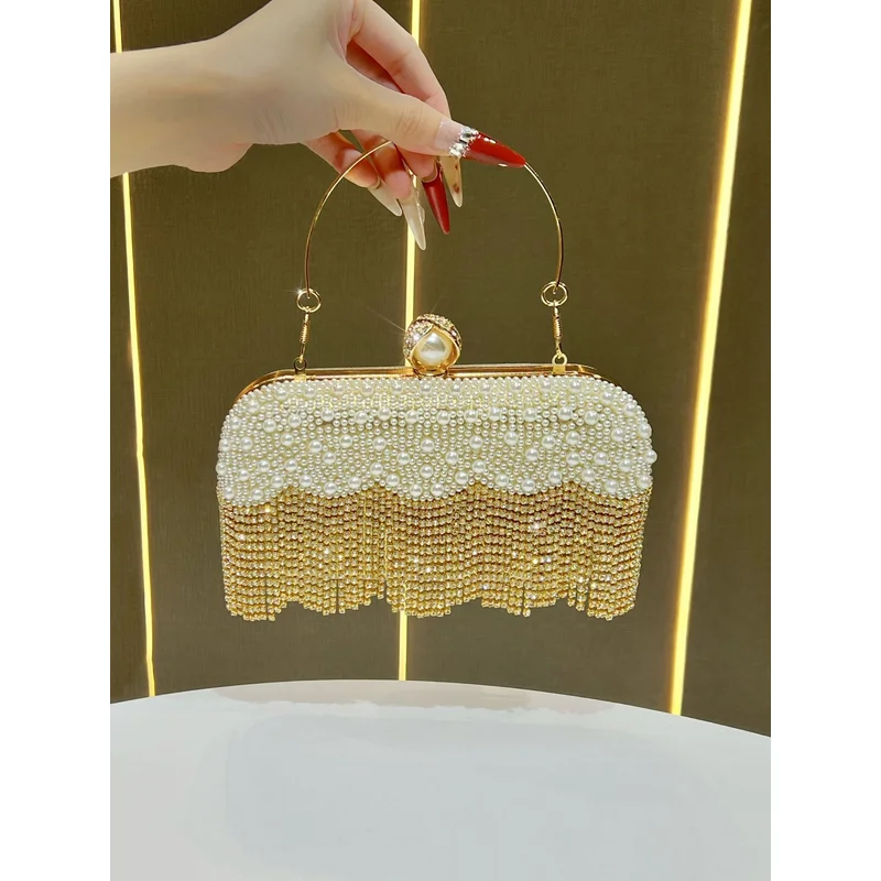 

Роскошная блестящая вечерняя сумка с бриллиантами и кисточками, квадратная сумка с жемчугом и бисером, женская сумка, клатч для свадебной вечеринки, сумка через плечо