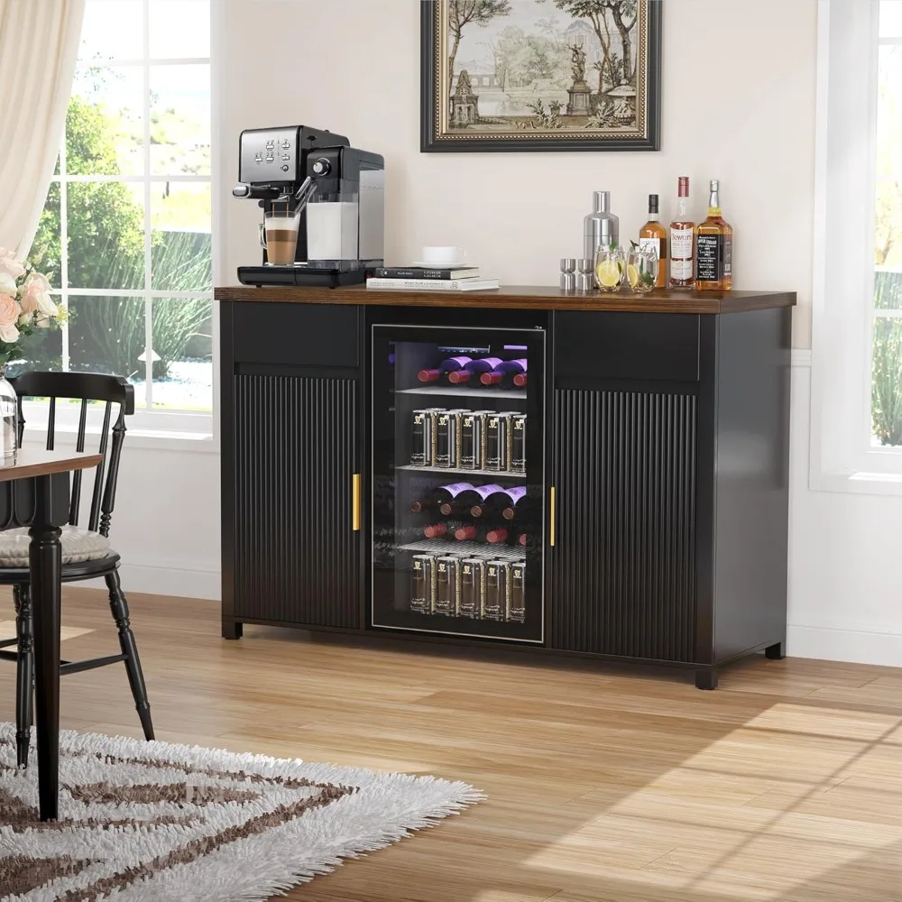 

US Shipping Large Coffee Bar Cabinet with Fridge Space and Wine Storage Fluted Modern Design Buffet Sideboard Table