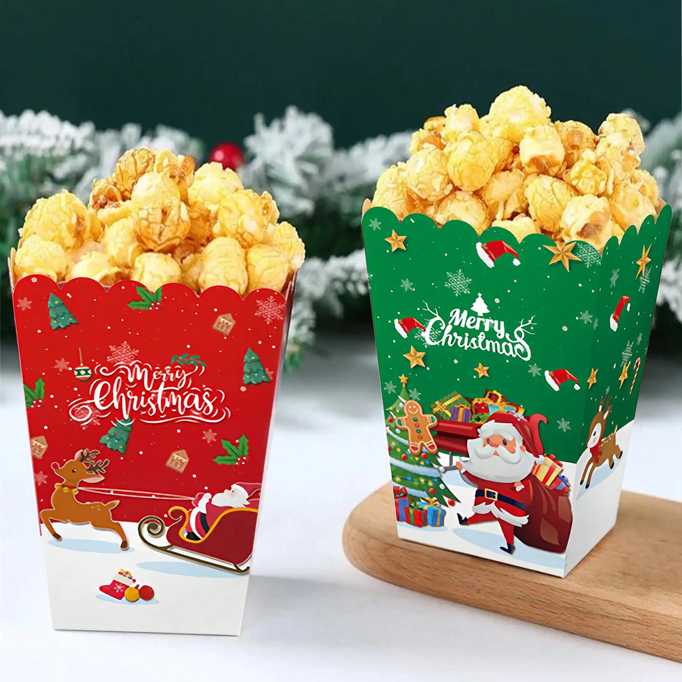 6 Stück Schneemann-Rentier-Snackbox mit Weihnachtsmotiv, Pralinenschachtel, Popcorn-Box für Weihnachtsfeierbedarf