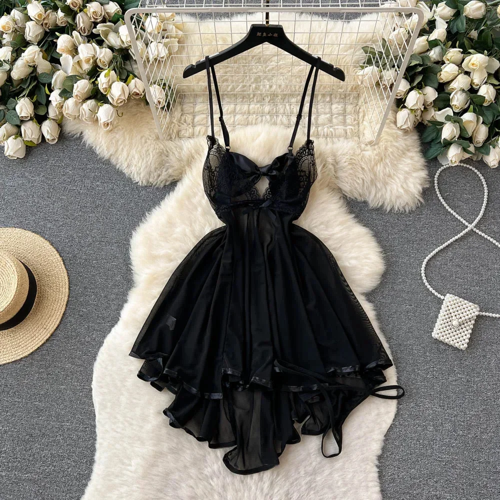 

Sweet Sexy Lace Patchwork Strap Dress Bow Hollow Backless Sleeveless Nightgown Women Nightdress Pajamas Hot Slim Pleated Dress