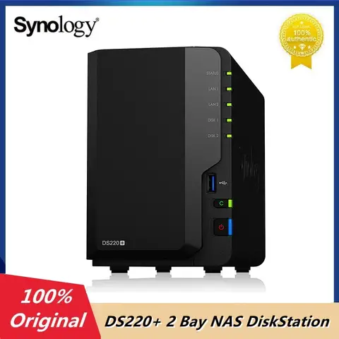 Original Synology DS220+ 2 Bay NAS DiskStation 2 GB DDR4 non-ECC 64-bit Storage Server Black (Diskless)
