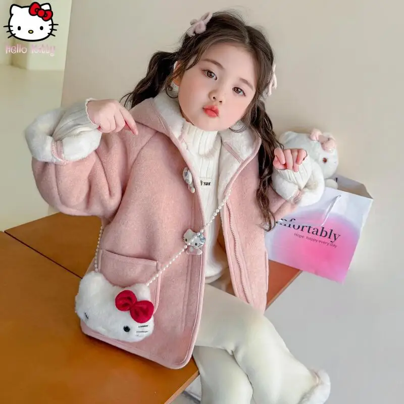 

Утепленное шерстяное пальто Hello Kitty для девочек Kawaii, пальто с героями мультфильмов, осенне-зимнее новое теплое пальто средней длины в стиле аниме, модные топы Sanrio