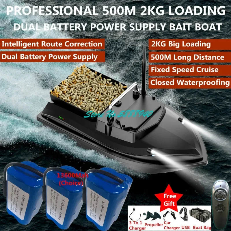 500M Waterproof Electric RC Bait Boat 2KG Loading Dual Battery Supply Smart Cruise LED Lighting Remote Control Nest Fishing Boat