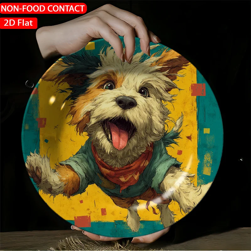 1pc Ceramic Decorative Plate Retro Artistic Dog White--2D Planar Circular Porcelain Plate, Not for Food Contact, for Home