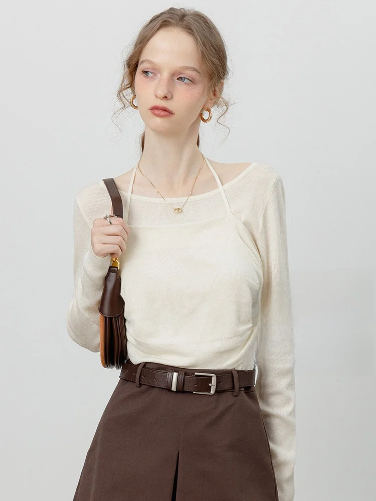 

Eggka Women's Slim Fit ort Sve Knitted T-irt Long Sve Ne Hanging Fake Two-Piece Top Sweet And Gentle