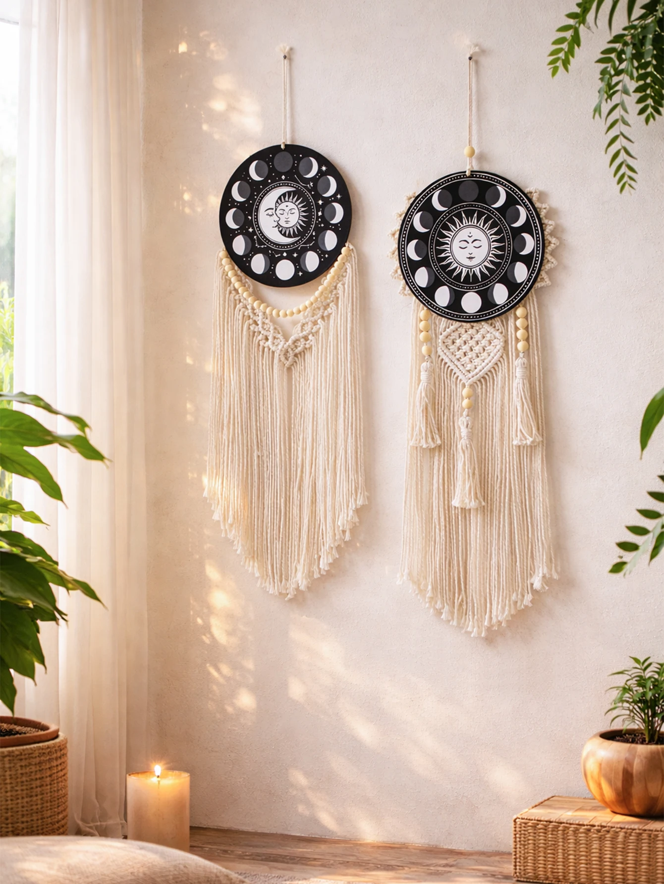 Boho Macrame Wall Hanging Sun Moon Phase Dream Catcher Tassel Tapestry Celestial Witchy Wall Art for Bedroom Living Room Gift