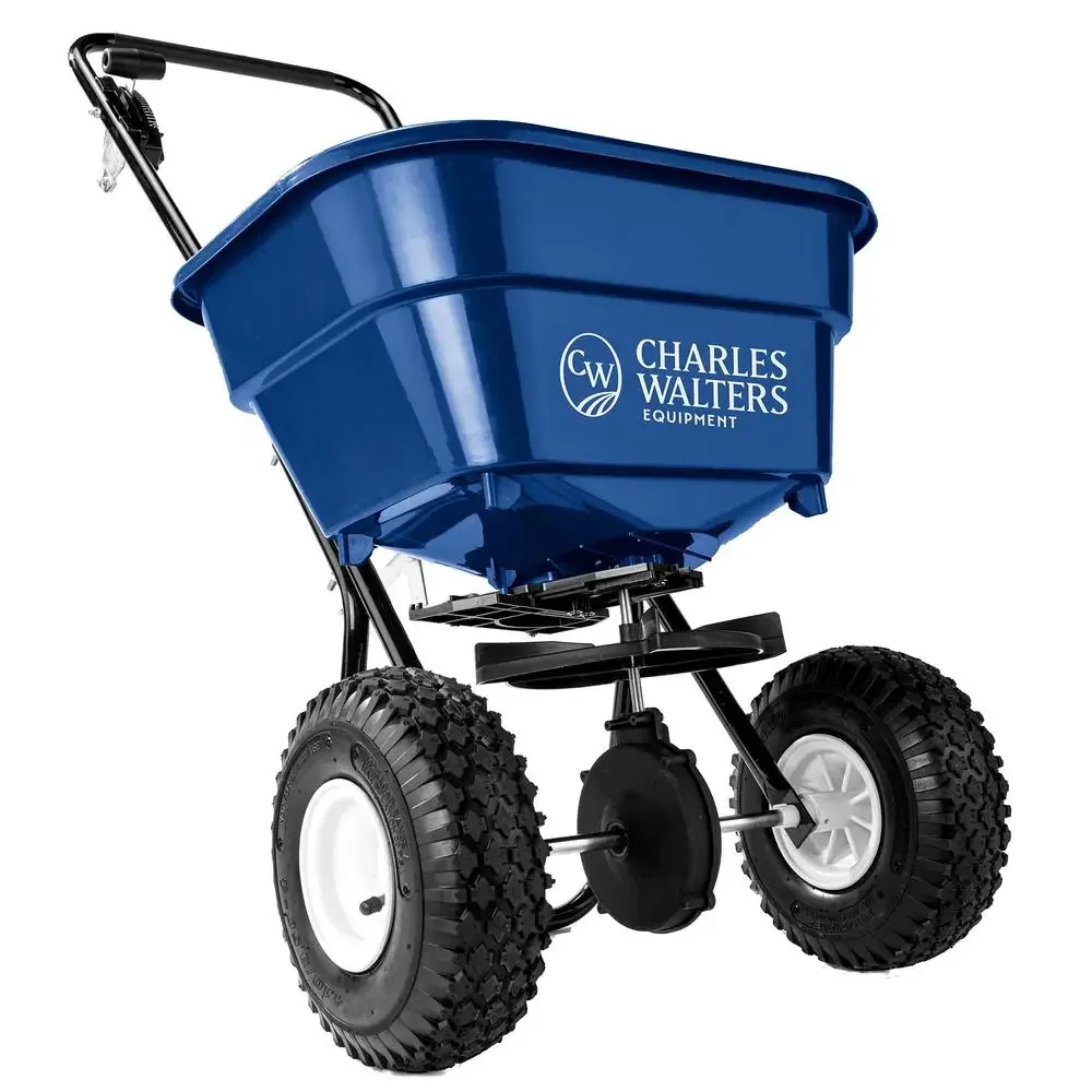 Broadcast Spreader 65lb Capacity Fertilizer Ice Melt Durable Steel Frame Adjustable Rate Control Pneumatic Tires 20ft Spread