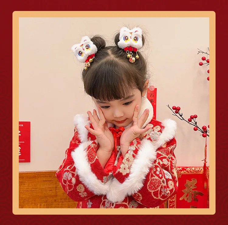 2-teilige Haarspangen für Löwentanz im chinesischen Stil, Plüschtier-Quasten-Design, Neujahrs-Accessoires und Geschenksets, Löwentanz, Haarspangen – Detail 3