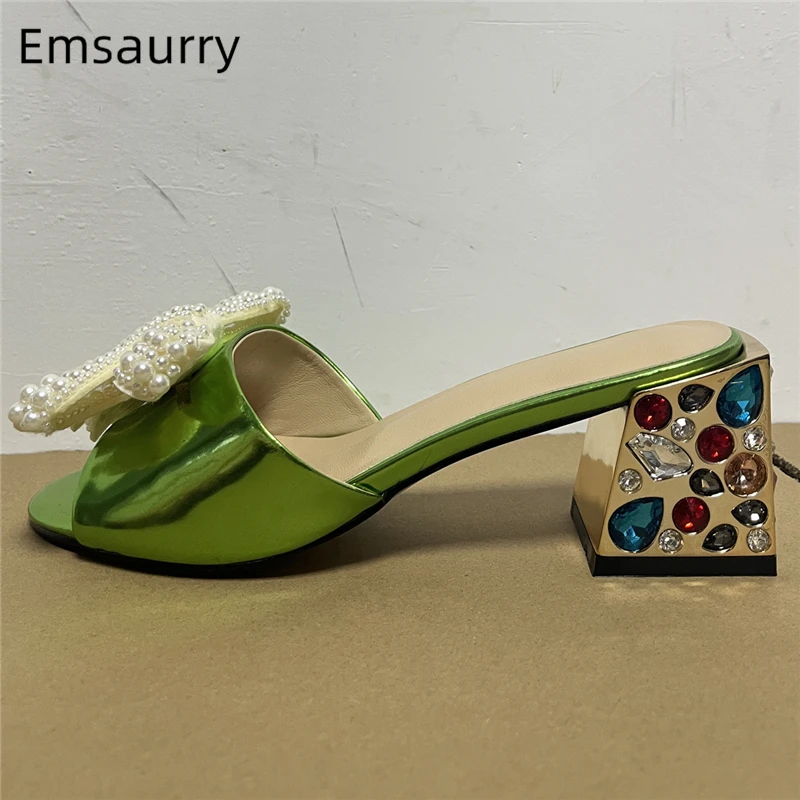 

Quality Beads Butterfly-Knot Flower Sandals Women Colorful Rhinestone Square Heel Slingbacks Patent Leather Summer Shoes