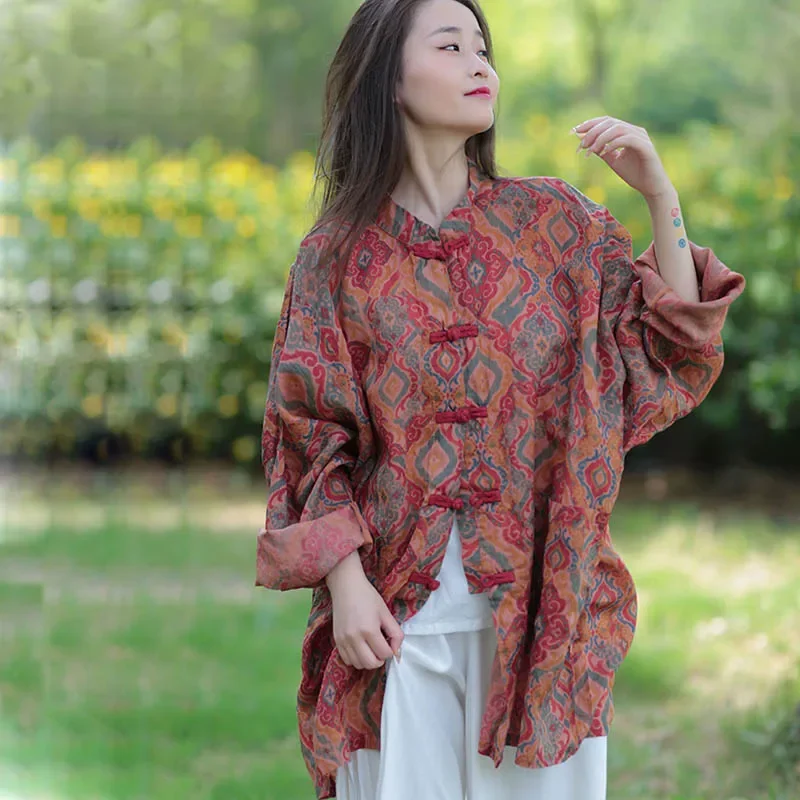 

Женская свободная однослойная рубашка Ramie с длинными рукавами и однорядными пуговицами в виде лягушки, короткая куртка с принтом, винтажная мода, ранняя осень