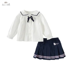 Dave Bella 2025 Spring New Girls' Skirt Set Children's Baby College Style Shirt Pleated Skirt Two Piece Set Cute Party DB1250022