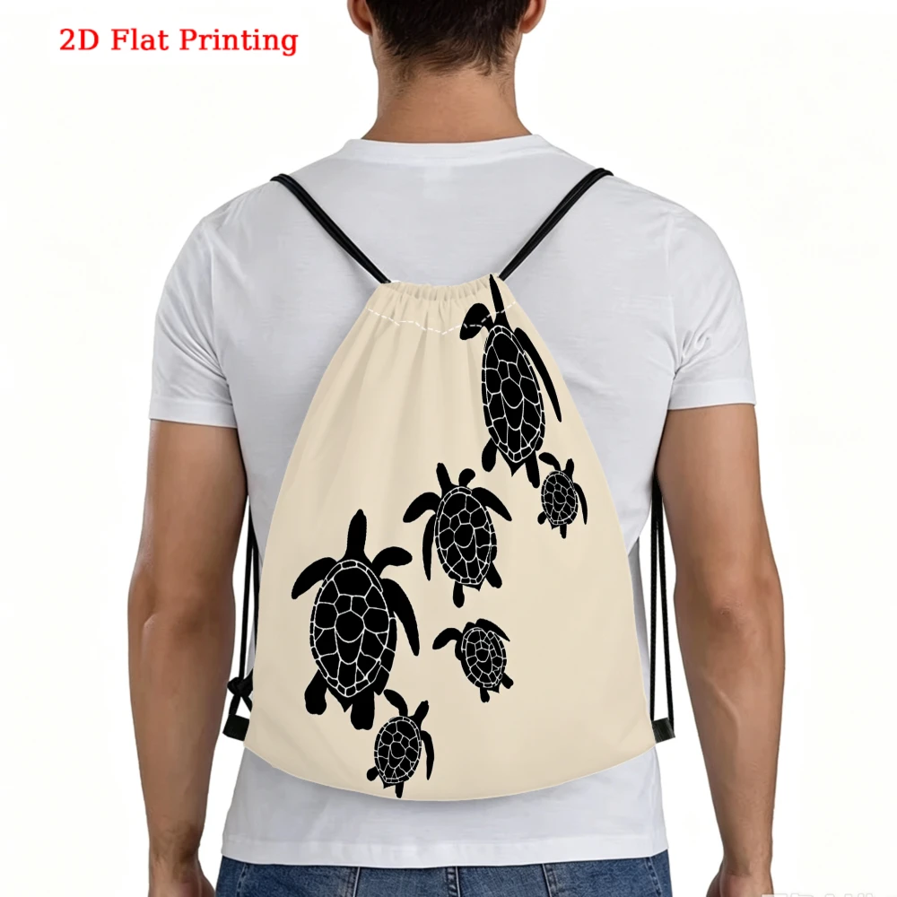 Black Turtle Silhouette Print Drawstring Bag Travel Shoe Sports Fitness Outdoor Backpack
